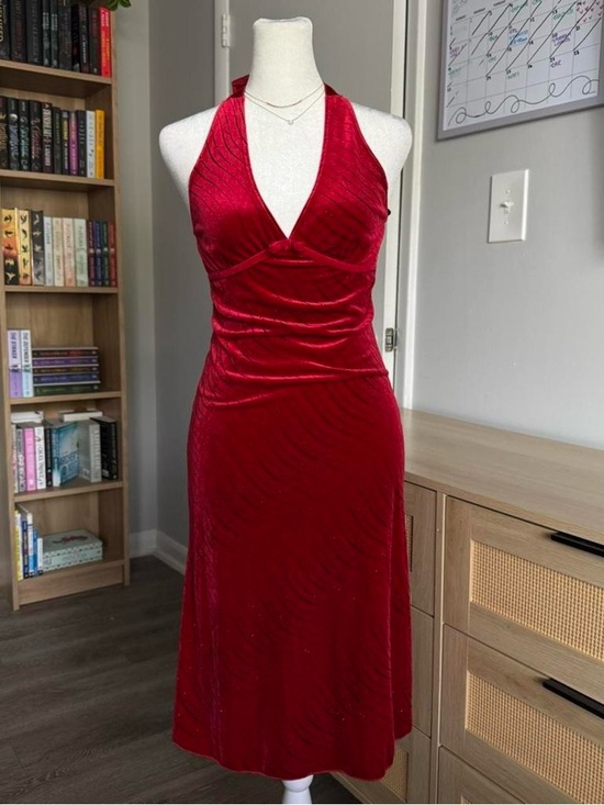 American Vintage Dresses & Skirts - y2k red halter velvet midi dress